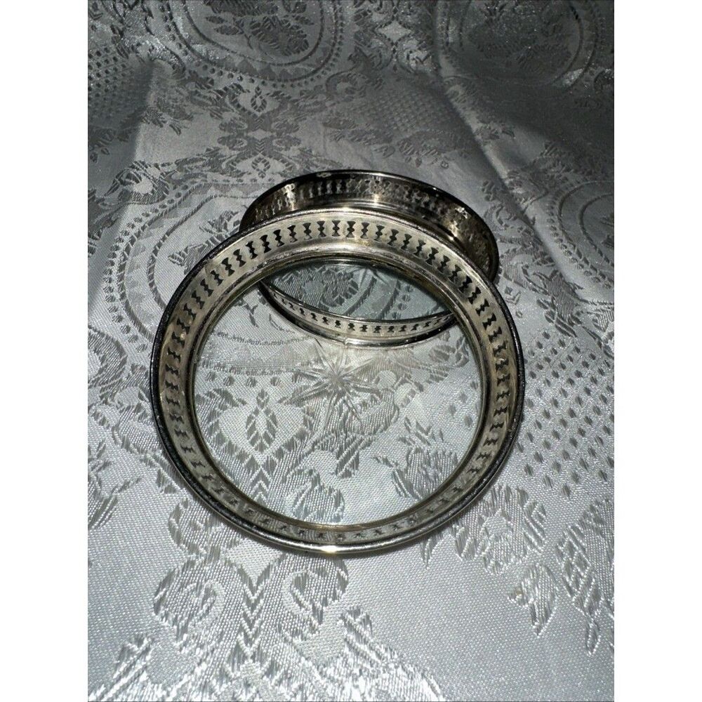 VINTAGE COASTERS WITH PIERCED METAL GALLERY & STAR-CUT GLASS BOTTOM SET OF 2